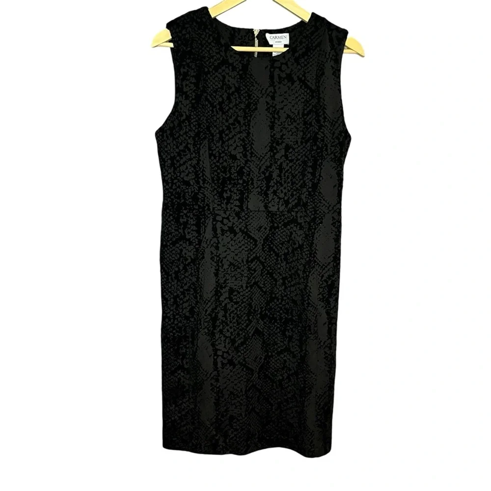 Carmen Marc‎ Valvo Black Velvet Burnout Snakeskin Sheath Dress - Size 10